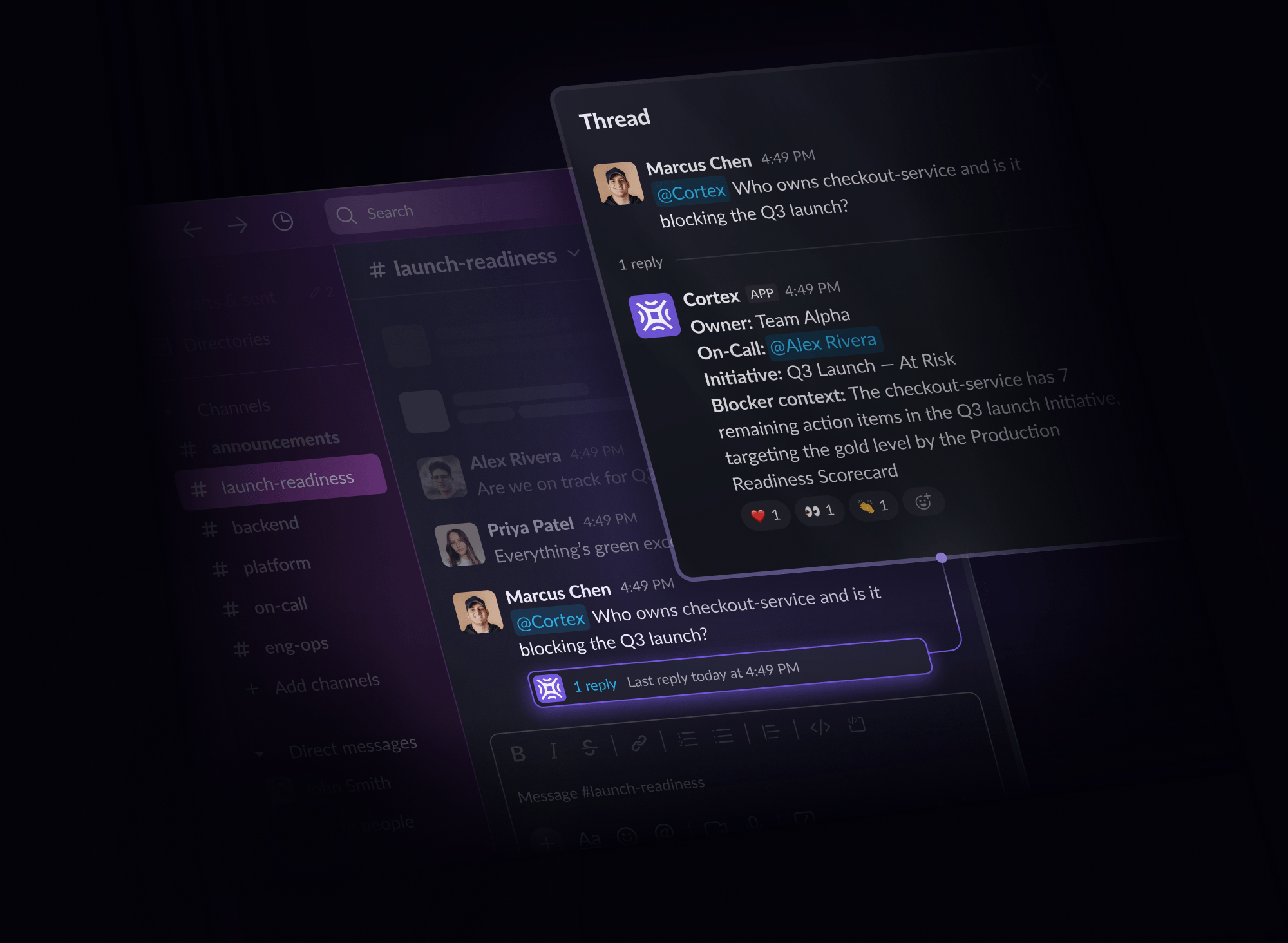 Asking Cortex in Slack who owns a service blocking the launch