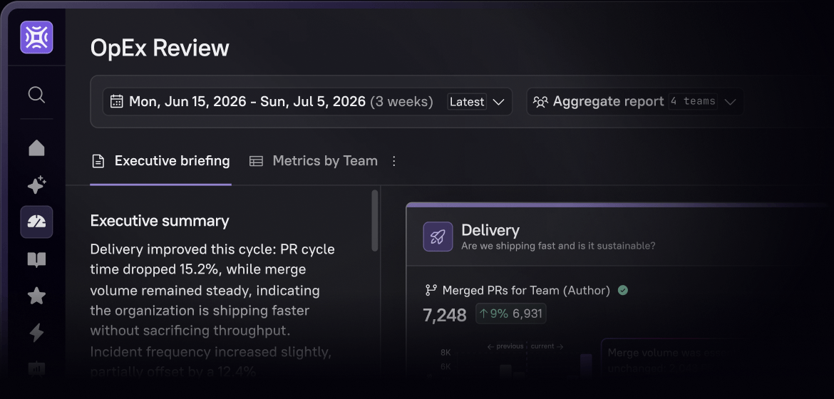 OpEx Review dashboard in Cortex showing an executive briefing and delivery metrics